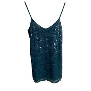 Vanity Size Medium Y2K Cami Tank Tip Lace Sequins V Neck Sparkles Teal Blue